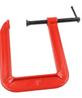 Massive 110mm Jaw G Clamp With Deep Throat For Welding And Woodworking Projects Made From Durable Cast Iron Rust Resistant Orange Finish Heavy Duty C-Clamp For Gluing And Assembly Tasks No Sweat Guarantee, showing red C-clamp.
