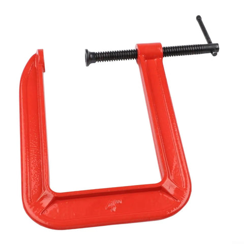 Massive 110mm Jaw G Clamp With Deep Throat For Welding And Woodworking Projects Made From Durable Cast Iron Rust Resistant Orange Finish Heavy Duty C-Clamp For Gluing And Assembly Tasks No Sweat Guarantee, showing red C-clamp.