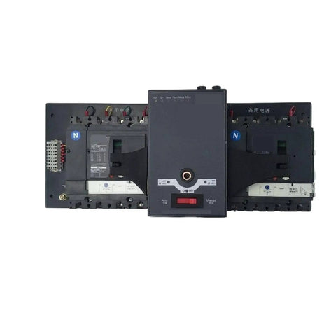 Dual Power Source Transfer Switch 4P-100A CB Class Automatic Transfer Switch, black metal unit for backup generator systems.