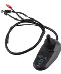 Black electric wheelchair joystick controller with wired harness and four-button keypad, DC24V