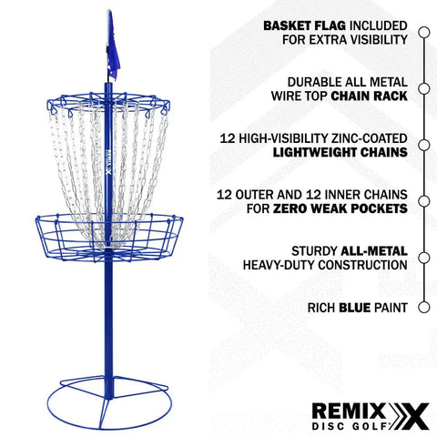 Royal Blue Double Chain Disc Golf Practice Basket Portable Metal Target With 24 Zinc Coated Chains In Two Layers side view