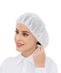 Person wearing Disposable Bouffant Hair Net for Food Service and Beauty, Latex Free, 24 Inch Cap, White, Breathable Spun Bond Polypropylene