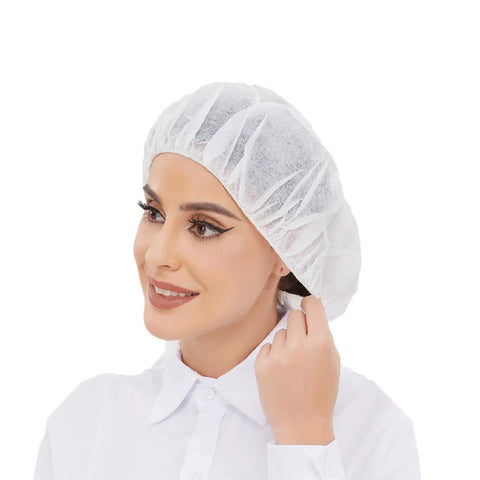 Person wearing Disposable Bouffant Hair Net for Food Service and Beauty, Latex Free, 24 Inch Cap, White, Breathable Spun Bond Polypropylene