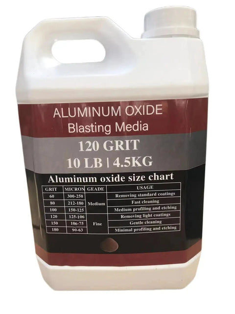 10 Lb Pro Grade Aluminum Oxide Sandblasting Media Heavy Duty 120 Grit container with size chart on label