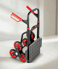 Stair-Climbing Hand Truck For Movers And Deliveries, Heavy-Duty Folding Cart With Six-Wheel System, black steel frame and red wheels