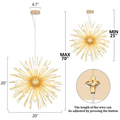 9 Light Gold Sputnik Chandelier For Living Room Bedroom Dining Room Kitchen Hallway Office Fully Dimmable Ceiling Light Fixture
