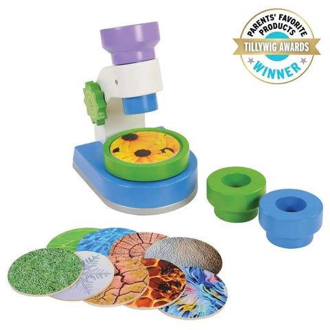 Kid Friendly Microscope Kit With 3 Interchangeable Lenses Magnified Tinted And Kaleidoscope Includes 10 Nature Slides Colorful Design And Fun STEM Learning For Ages 2 And Up. Multicolor plastic microscope with lenses and slides