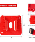 10 Pack Battery Holder For M18 18V Batteries Wall Mount Tool Holder Storage Case in red ABS plastic, dimensional view.