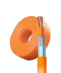 Heavy Duty Double Shielded XLPE EV Cable Crafted From Pure Oxygen Free Copper For Quick DC 1500 Volt Charging And Solar Storage Units 165 Feet Of 50 Mm2 Wiring That Pulls Its Own Weight, showing orange wire roll and exposed copper core.
