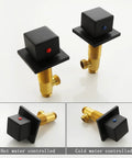 Matte Black Waterfall Bathroom Faucet With LED Temperature Indicator 8 Inch Widespread Three Hole Vanity Sink Faucet With Dual Knobs close-up view