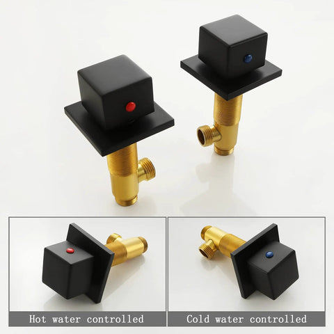Matte Black Waterfall Bathroom Faucet With LED Temperature Indicator 8 Inch Widespread Three Hole Vanity Sink Faucet With Dual Knobs close-up view