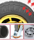 Close-up of heavy duty caster wheels rated for over eleven hundred pounds, showing solid polyurethane tread and gold rim.