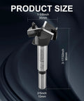 Top Shelf 35mm Carbide Forstner Drill Bit With Triple Flute Design showing dimensions 1-3/8 inch, 35mm, and 90mm length.
