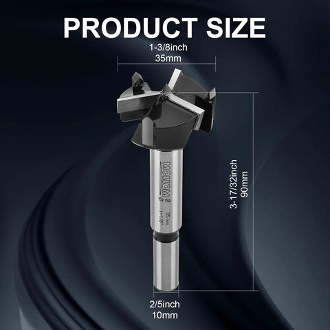 Top Shelf 35mm Carbide Forstner Drill Bit With Triple Flute Design showing dimensions 1-3/8 inch, 35mm, and 90mm length.