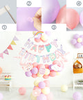 200 Pack Balloon Glue Dots Removable Clear Double Sided Adhesive Dots For Balloons Craft Weddings And Parties Easy Peel 12mm Diameter Includes Two Rolls in use for birthday decoration setup with pastel balloons and banner.