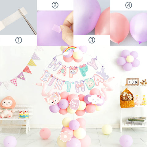200 Pack Balloon Glue Dots Removable Clear Double Sided Adhesive Dots For Balloons Craft Weddings And Parties Easy Peel 12mm Diameter Includes Two Rolls in use for birthday decoration setup with pastel balloons and banner.