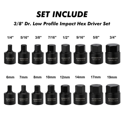 Low Profile 3/8 Inch Drive Impact Hex Socket Set, 16 Pc, SAE and Metric Hex Bits 1/4 to 3/4 Inch and 6mm to 19mm