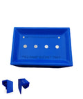 Blue Hard Hat Lineman Bucket Tray With Slick Patented Ramp And Magnetic Holder For Bucket Truck Lip Mount, side view showing secure design.