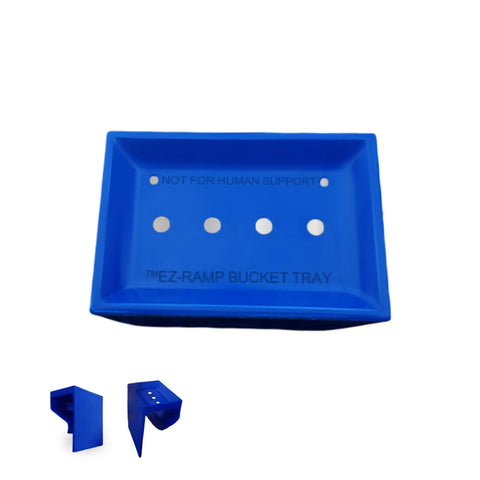 Blue Hard Hat Lineman Bucket Tray With Slick Patented Ramp And Magnetic Holder For Bucket Truck Lip Mount, side view showing secure design.