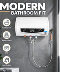 This Electric Water Heater Wall Mount Tank Is A Total Beast With 1500W Fast Heat Element And Bombproof Stainless Steel Plus Thick Enamel Liner Gets You Hot Water In A Jiffy For The Home Vibe At 110V mounted in a modern bathroom.