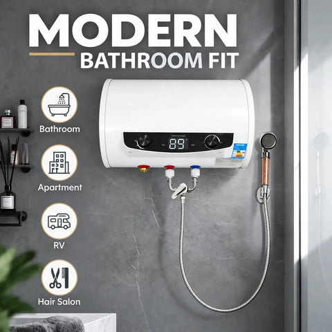 This Electric Water Heater Wall Mount Tank Is A Total Beast With 1500W Fast Heat Element And Bombproof Stainless Steel Plus Thick Enamel Liner Gets You Hot Water In A Jiffy For The Home Vibe At 110V mounted in a modern bathroom.