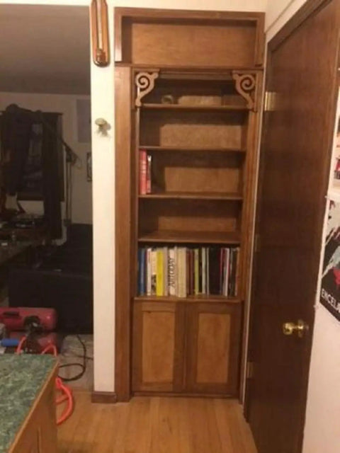 Slick Bookshelf Hidden Door Hinge System DIY Kit For Man Cave And Play Room Stealthy Stash Spot with shelves and wooden frame.