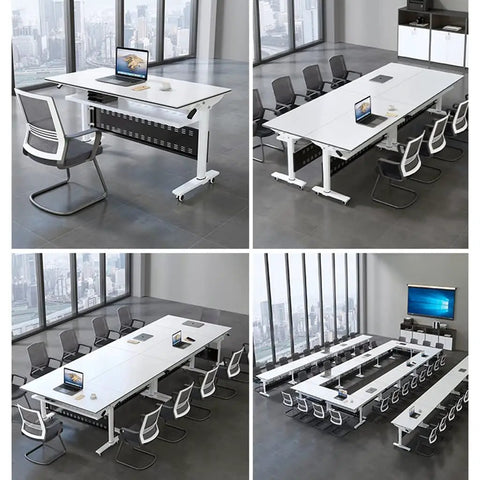 Top Shelf Flip Top Mobile Training Table And Two Chair Set With Dead Simple Folding Operation Tough Rolling Casters Smart Storage Tray And Modesty Shield For Active Rooms in a modern office setup.