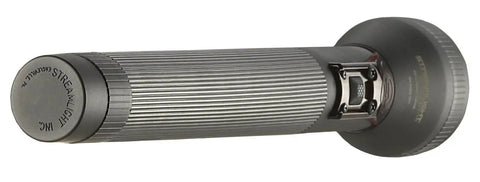 Bottom view of 450 Lumen Full Size Rechargeable LED Flashlight With Strobe IPX4 Water Resistant Beefy Rugged Build Serialized No Charger Included Black.