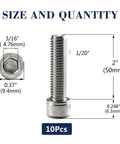 Top Shelf One Quarter Twenty By Two Inch Socket Head Cap Screws 10 Pack dimensions shown with hex head and length.
