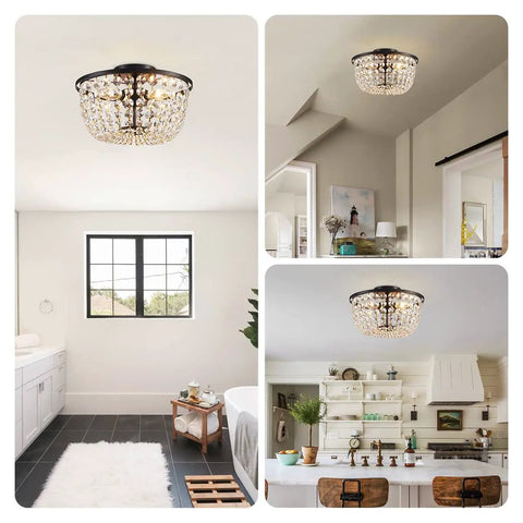Dope Crystal Chandelier Flush Mount Ceiling Light For Bedroom Hallway Bar Kitchen Bathroom 8.4 In High By 13 In Wide Black Finish