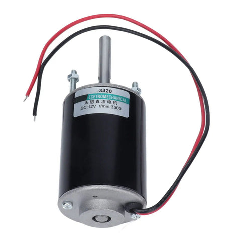 High Speed Permanent Magnet DC Motor 30W With Ball Bearings Runs Super Smooth And Quiet For Robotics DIY Projects CNC Accessories 12V 3500 RPM CW CCW Reversible Long Shaft Gear Drive System view showing wires and shaft
