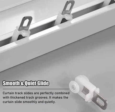 Two In One Sliding Barn Door Track Rock Solid Aluminum Build With Smooth As Butter Gliders For Whisper Quiet Bedroom Curtains showing thickened track grooves and gliding trolleys.