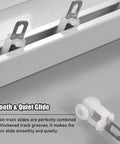 Two In One Sliding Barn Door Hardware Cuttable Quiet Ceiling Mount Rail For Bedroom Heavy Duty Aluminum Alloy Track close-up of white track glider.