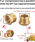 Comparison of brass GHT and NPT threaded pipe fittings showing sizes and thread types with notes on incompatibility.