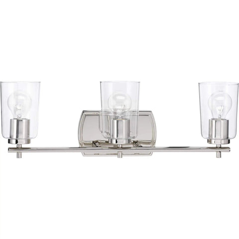 Adley Collection 3 Light Clear Glass Bath Vanity Light Polished Nickel Finish Wall Mounted Traditional Fixture For Bathrooms And Powder Rooms