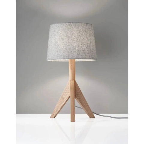 Eden Table Lamp With Natural Ash Wood Tripod Base, Textured Grey Felt Drum Shade, Black White Fabric Cord, 24.5 Inch