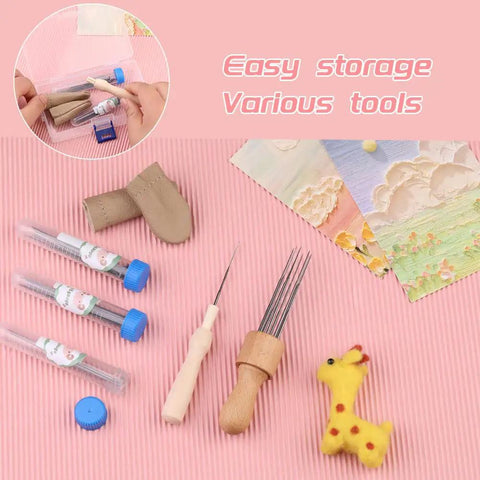 Needle Felting Kit With Three Size Sets Of 30 Needles Each Wooden Handle Tool Finger Cots and Essential Felting Supplies