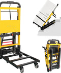 Powerful Electric Stair Climbing Dolly With Adjustable Speeds And Strong 440 Pound Max Load Capacity, Motorized Hand Truck For Heavy Moving And Logistics, 6 Wheel Track System in yellow with refrigerator lifting.