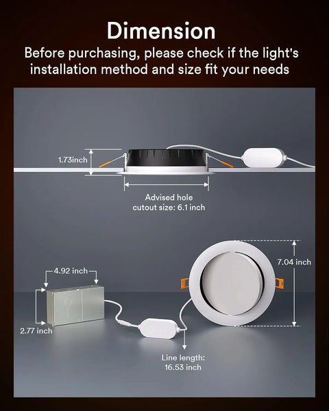 Dimensions of Lumary Gimbal Smart Recessed Lighting 6 Inch w/Remote, RGBWW WiFi Can Light showing cutout and line length.