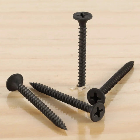 Pro Shop Heavy Duty Six By One And A Quarter Inch Drywall Screws With Easy Spin Phillips Drive Rock Solid Bugle Head Fasteners For Sheetrock Wallboard Jobs 200 Pack Black Phosphate Gear on wood surface.