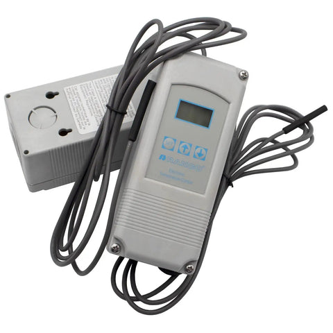 Two Pack Electronic Temperature Control Relay 120 To 240 Vac SPDT With 8 Foot Sensor for HVAC systems, showing sensor and controls.