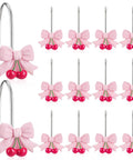 12 Piece Pink Bow Cherry Shower Curtain Hooks Set Resin Rust Resistant Gliding Hooks For Standard Rods Cute Bow Knot Decorative Bath Accessories Vibe For Home, featuring pink bows and red cherries design, set of 12 hooks.