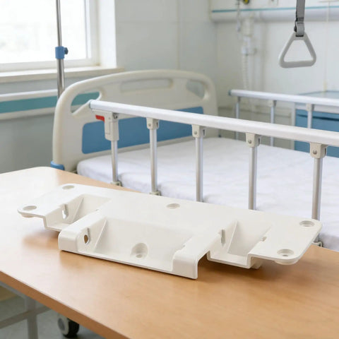 Adjustable Bed Rail Brackets For Home Beds on table near hospital bed, Easy Install Rectangle Rail Replacement Parts in white aluminum