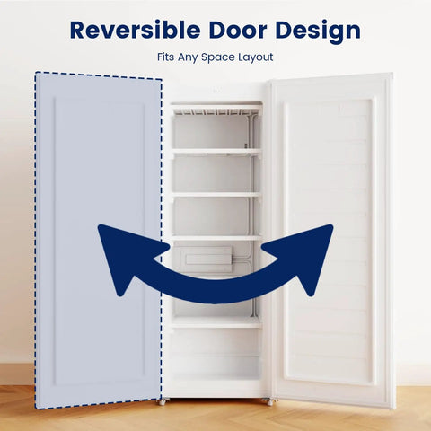 Reversible door design of Slick 6.5 Cubic Foot Upright Freezer In Clean White, showcasing its flexible layout for space-saving.