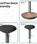 Tool-free quick assembly steps for Active Sitting Wobble Stool for Standing Desk with walnut finish and ergonomic design.