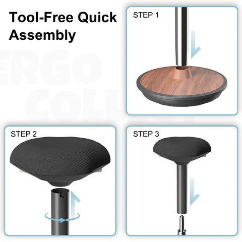 Tool-free quick assembly steps for Active Sitting Wobble Stool for Standing Desk with walnut finish and ergonomic design.