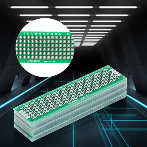 Double Sided PCB Prototype Boards Set Of Ten For DIY Soldering Two By Eight Centimeter FR4 Tin Plated with 1mm holes shown