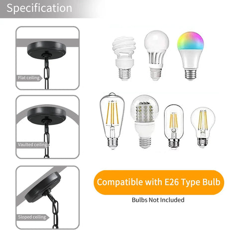 Diagram showing Black Metal Crystal Pendant Light With Adjustable Height, 500 Lumen 60W LED, Touch Control, E26 bulb compatibility
