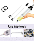 Heavy Duty 200Cc Manual Oil Extractor Pump With Two Spare Tubes To Pull Brake Fluid Or Drain Engine Oil And Swap Coolant Fast Keep Your Car Running Sweet And Tackle Maintenance With Zero Sweat Tonight in use with extraction tube.