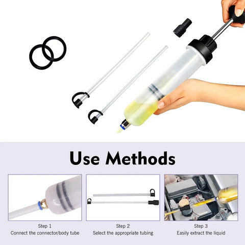 Heavy Duty 200Cc Manual Oil Extractor Pump With Two Spare Tubes To Pull Brake Fluid Or Drain Engine Oil And Swap Coolant Fast Keep Your Car Running Sweet And Tackle Maintenance With Zero Sweat Tonight in use with extraction tube.
